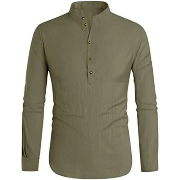 New Mens Linen Henley Shirt Green - Picture 2 of 7